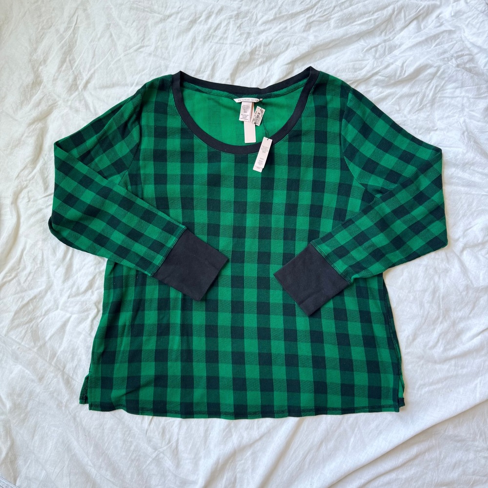 Victorias Secret XXL Green Buffalo Plaid Thermal Pajama Top Waffle Knit NWT